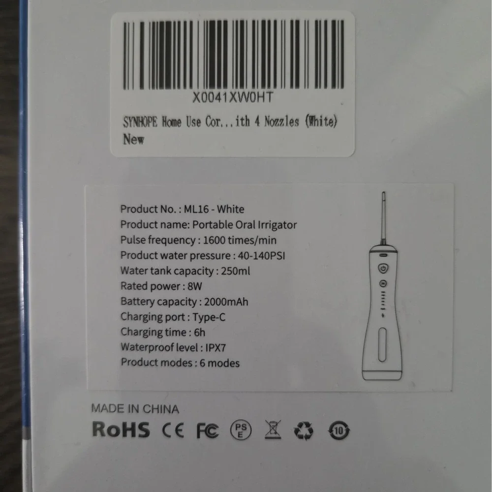 SYNHOPE ML16 Portable Water Flosser Cordless Rechargeable IPX7 White Sealed